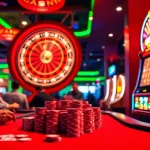 Experience the thrilling atmosphere of gambling at okfun.agency with intense poker action and vibrant casino lights.